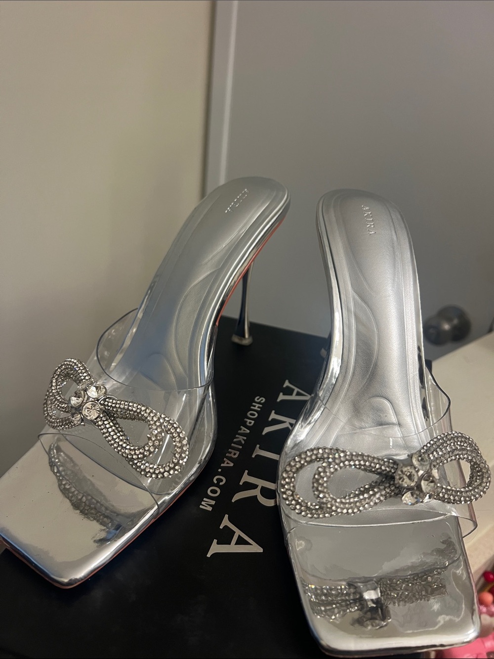 AKIRA Silver Clear Crystal Bow Slide Heels